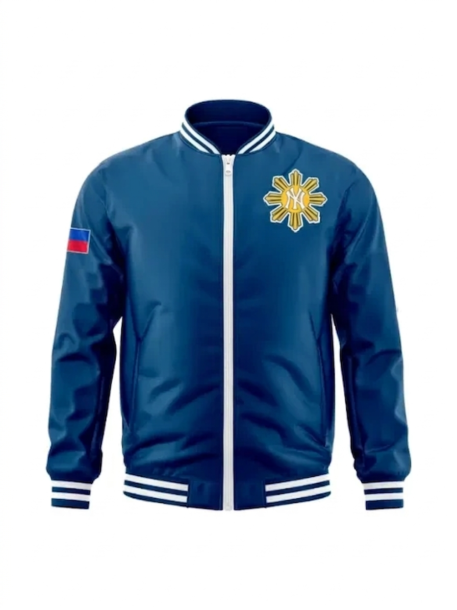 Manny Pacquiao Athletics Vs New York Yankees 2026 Gold Sunburst NY Patch, Philippine Flag Sleeve Navy Blue Satin Jacket